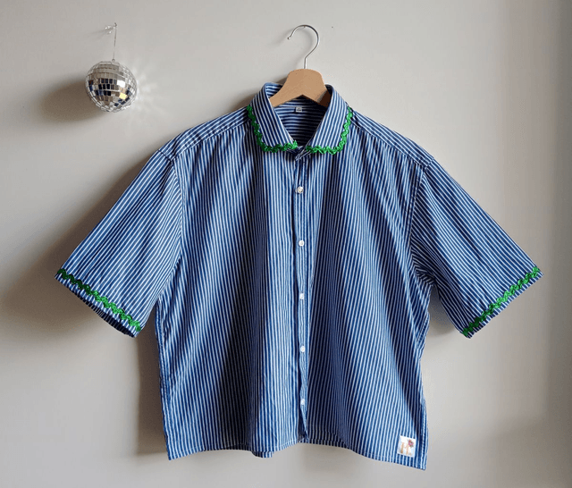 La chemise MADO et son chouchou assorti - Rayé bleu et vert pailleté